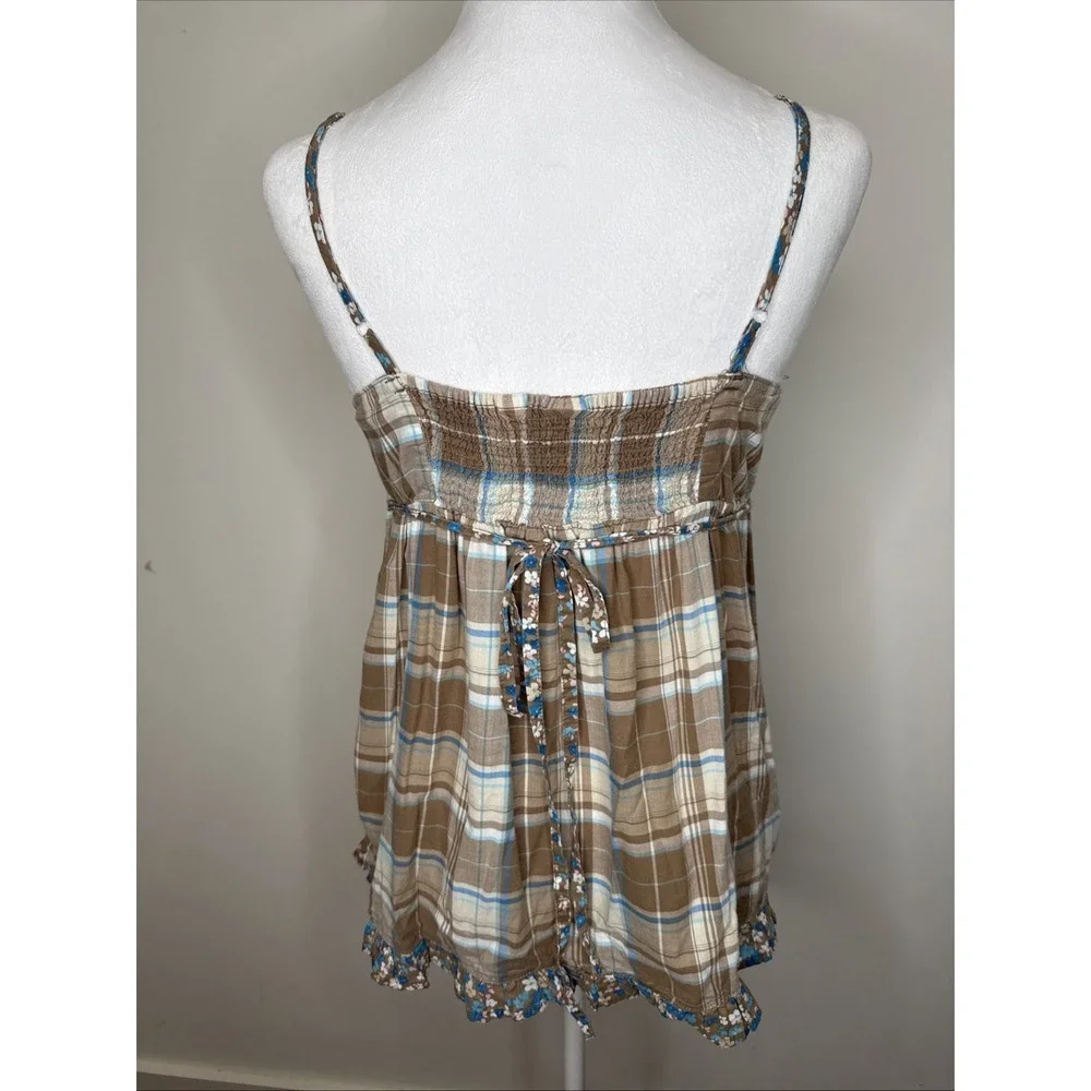 Vintage Y2K  Fairy Grunge Babydoll Smocked Plaid Floral Tank Top M Brown Ruffle - Picture 3 of 5